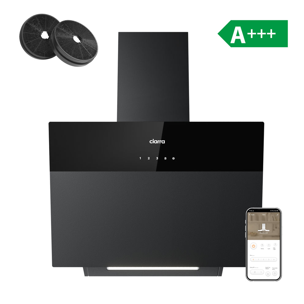 CIARRA Campana Extractora Inclinada 60cm A+++ 650m³/h WiFi, Cristal Negro Mate CBCF6736H-OW