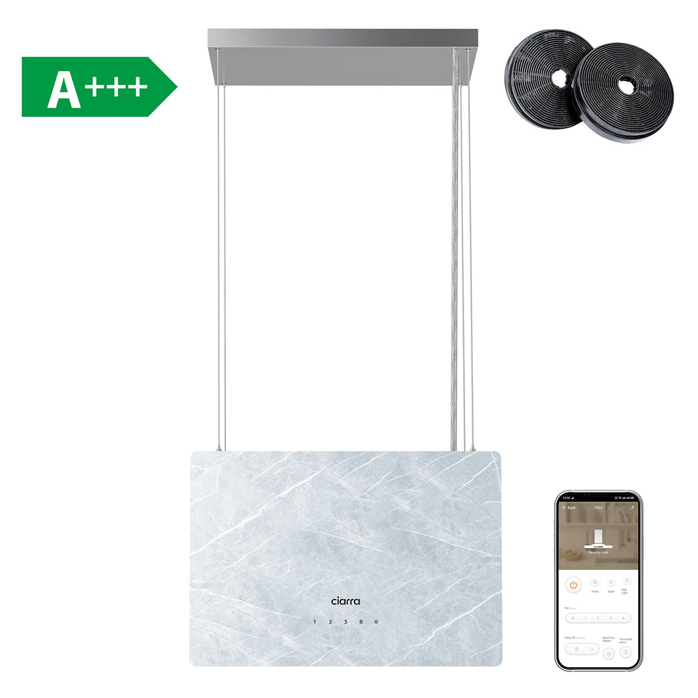 Ciarra Pinnacle 48cm campana extractora isla Smart in vetro marmo Ivory Mist CBCW4850-OW