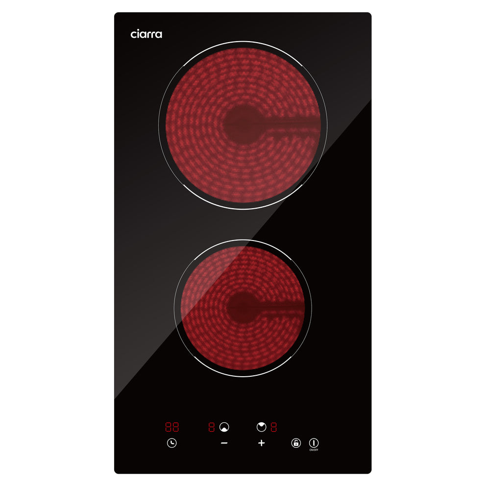 Ciarra Placa vitrocerámica empotrable de 29 cm con 2 zonas, control táctil, bloqueo para niños, placa eléctrica de 3000 W, CRGDBCH302T-OW