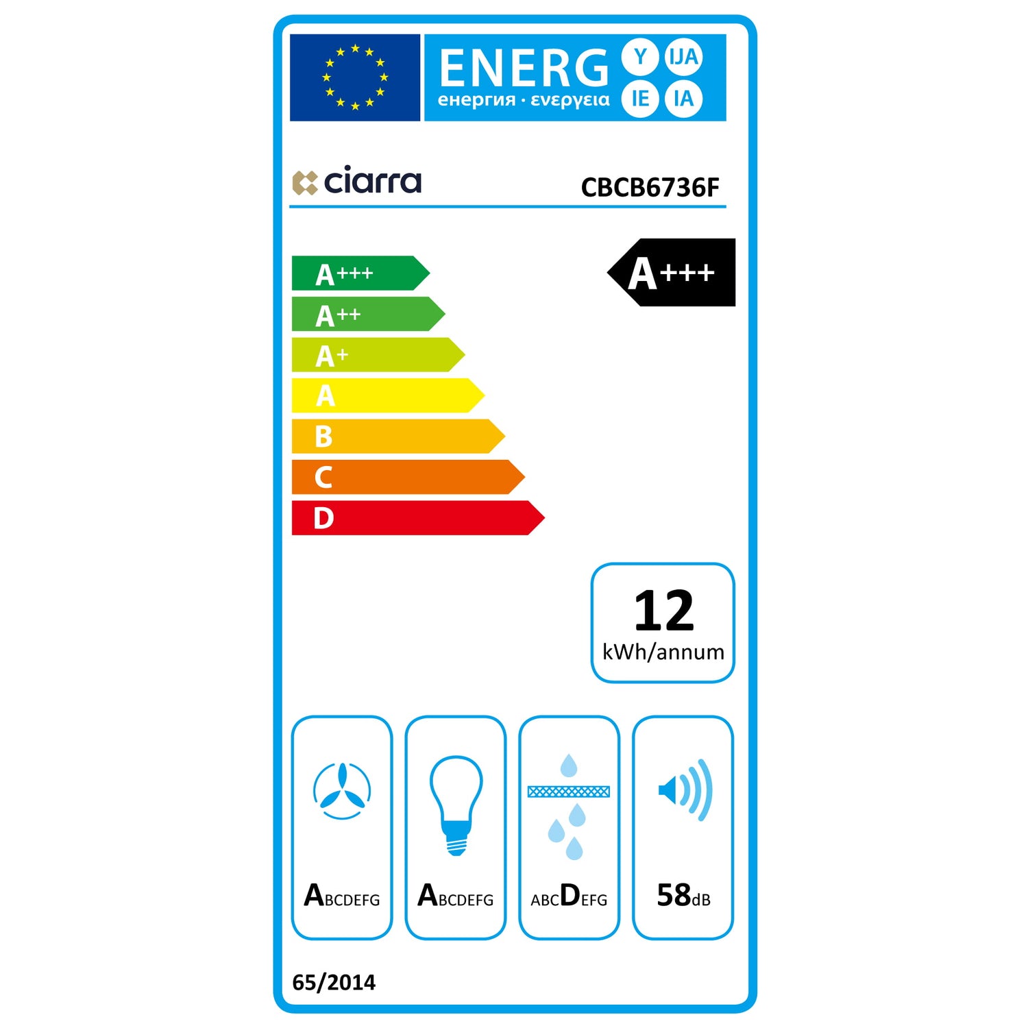 Ciarra Campana extractora vertical 60cm 650m³/h Clase energética A++ CBCB6736F-OW