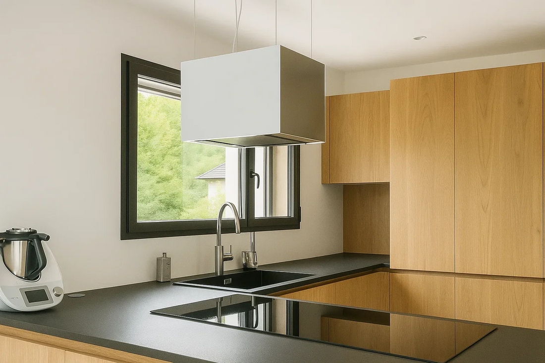 Una campana extractora isla blanca que combina funcionamiento silencioso y diseño limpio