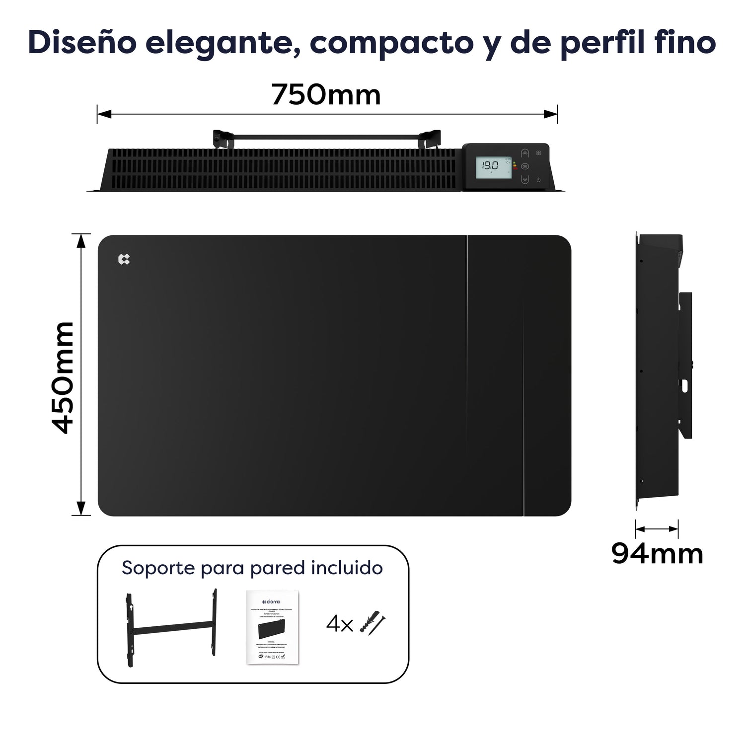 Dimensiones del radiador eléctrico CIARRA negro 75 x 9,4 x 45 cm