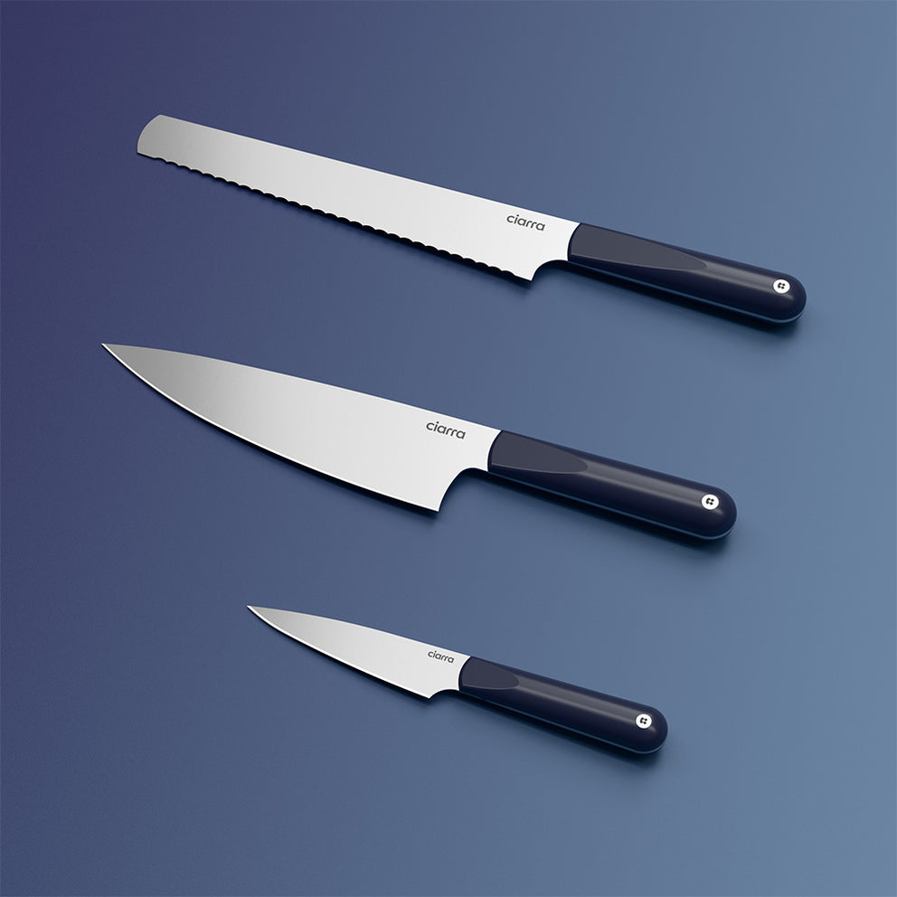 Ciarra Beyond Trio Knife Set con caja de regalo, con cuchillo de chef, cuchillo de pan dentado y cuchillo multiusos, acero inoxidable de alto carbono con mango ergonómico | Midnight Dream