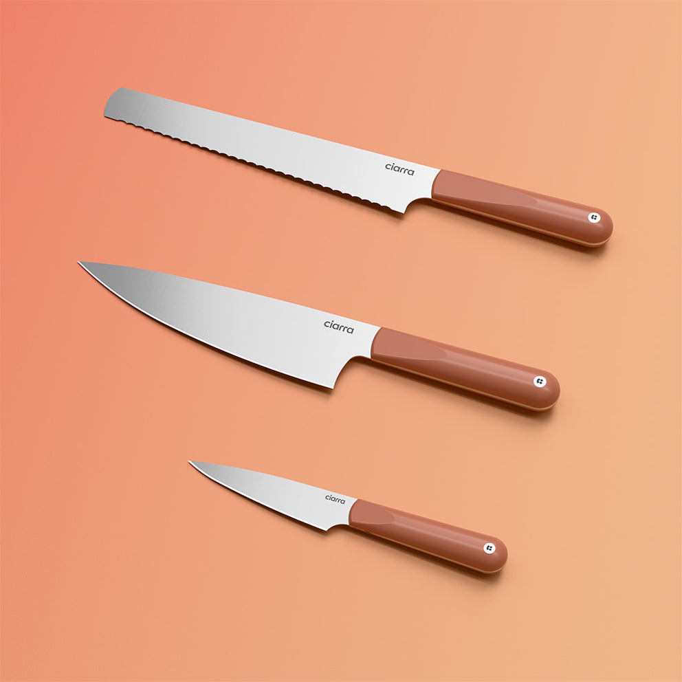 Ciarra Beyond Trio Knife Set con caja de regalo, con cuchillo de chef, cuchillo de pan dentado y cuchillo multiusos, acero inoxidable de alto carbono con mango ergonómico | Orangina