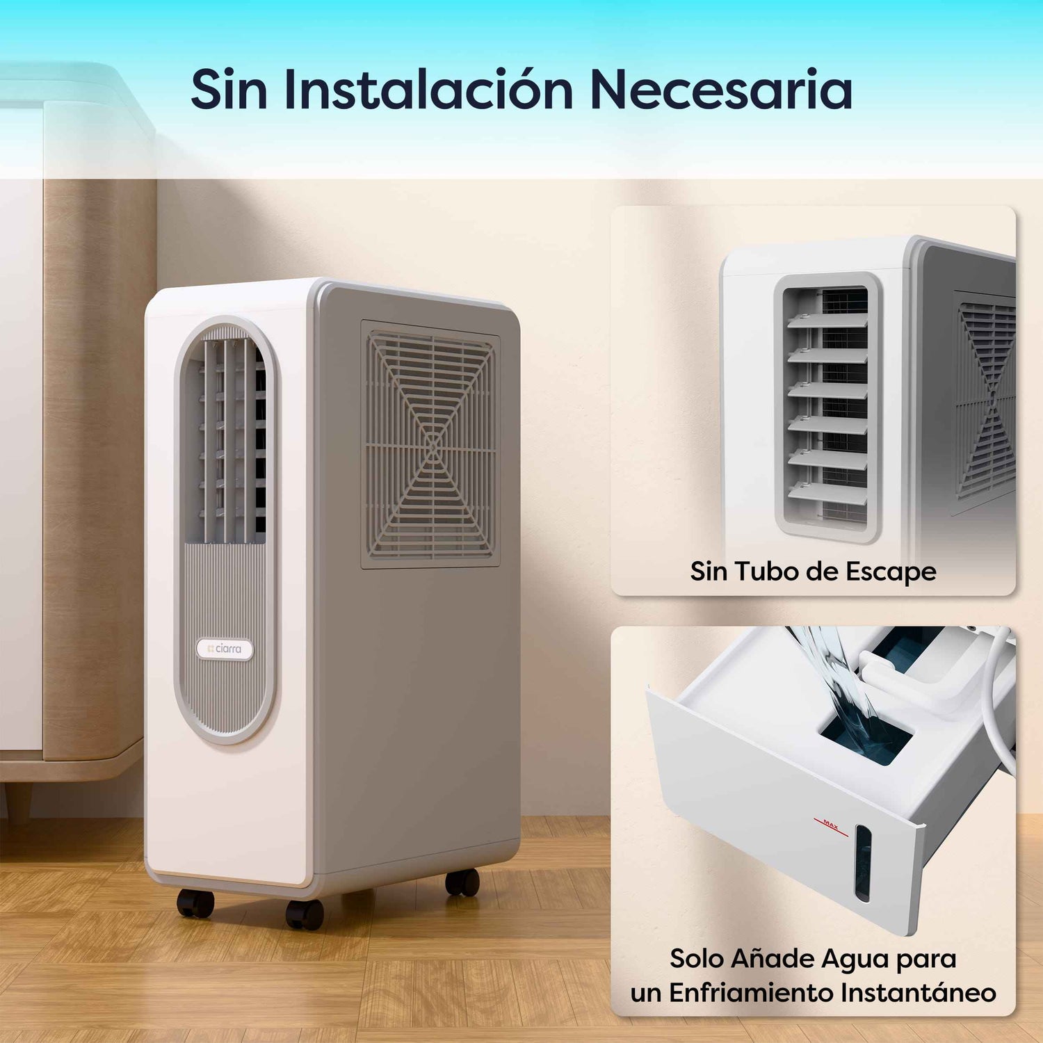 Ciarra Aire Acondicionado Portátil 3 en 1 Bajo Consumo A – Sin tubo, Refrigeración, Deshumidificación, Ventilación, Eficiente Energéticamente