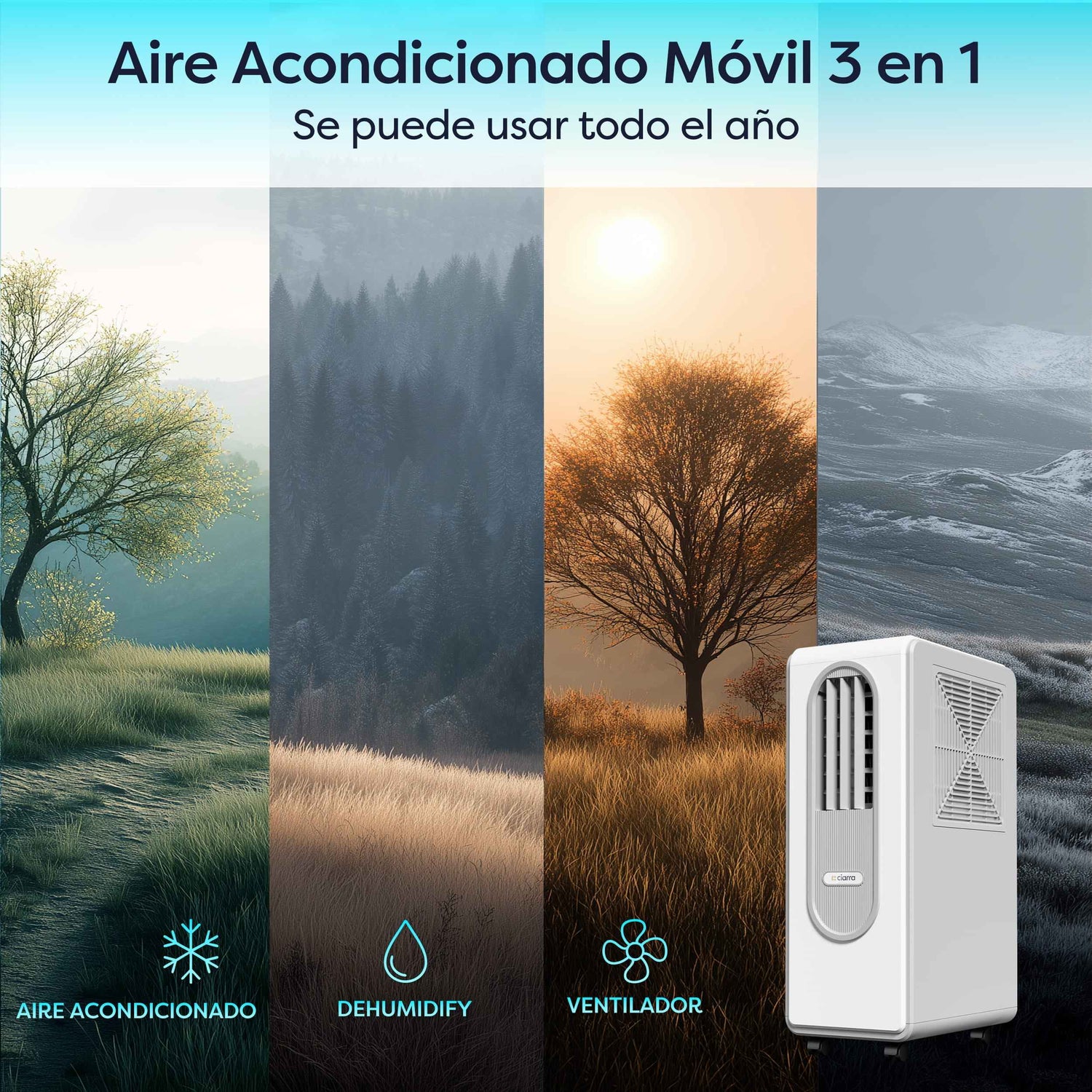 Ciarra Aire Acondicionado Portátil 3 en 1 Bajo Consumo A – Sin tubo, Refrigeración, Deshumidificación, Ventilación, Eficiente Energéticamente
