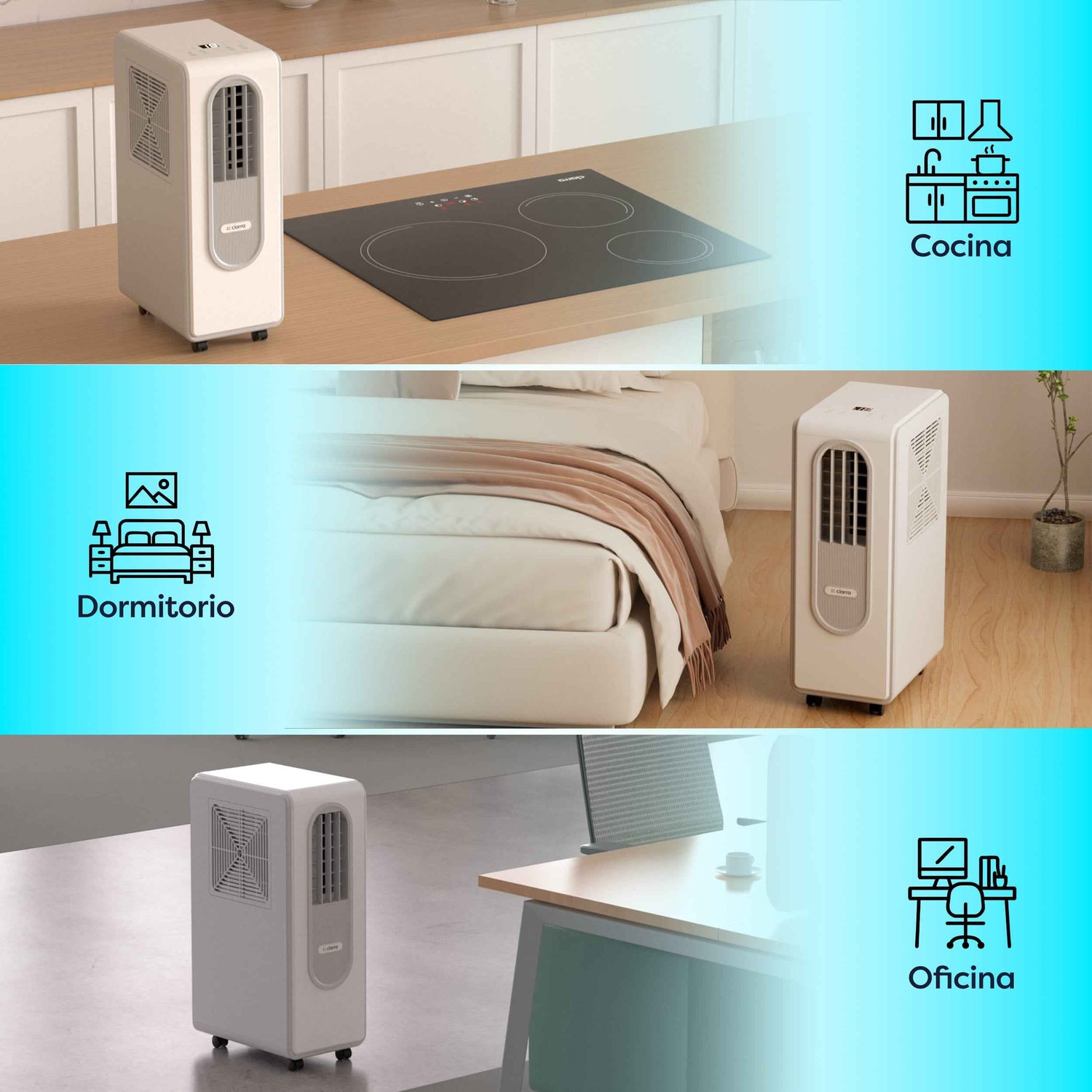 Ciarra Aire Acondicionado Portátil 3 en 1 Bajo Consumo A – Sin tubo, Refrigeración, Deshumidificación, Ventilación, Eficiente Energéticamente