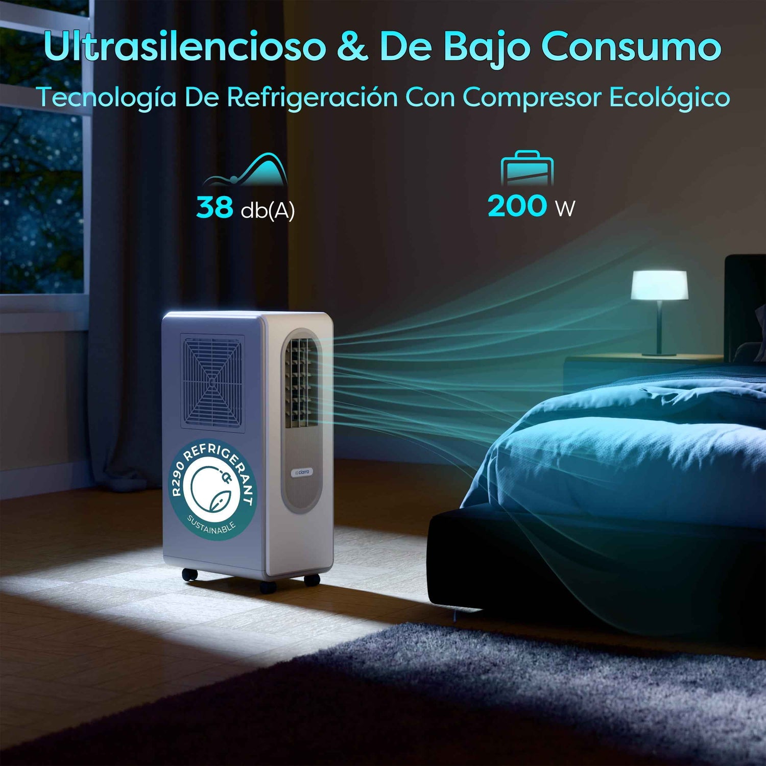 Ciarra Aire Acondicionado Portátil 3 en 1 Bajo Consumo A – Sin tubo, Refrigeración, Deshumidificación, Ventilación, Eficiente Energéticamente