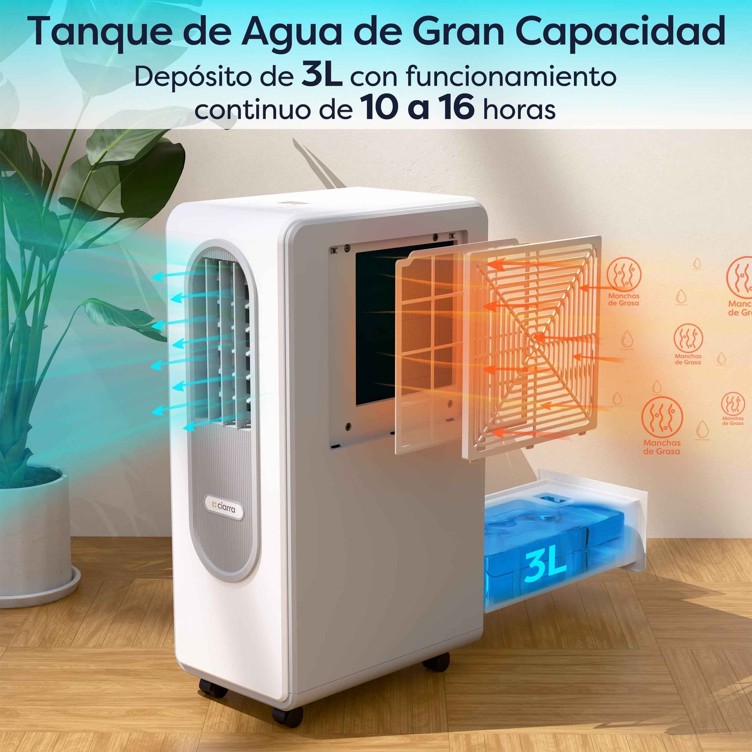 Ciarra Aire Acondicionado Portátil 3 en 1 Bajo Consumo A – Sin tubo, Refrigeración, Deshumidificación, Ventilación, Eficiente Energéticamente