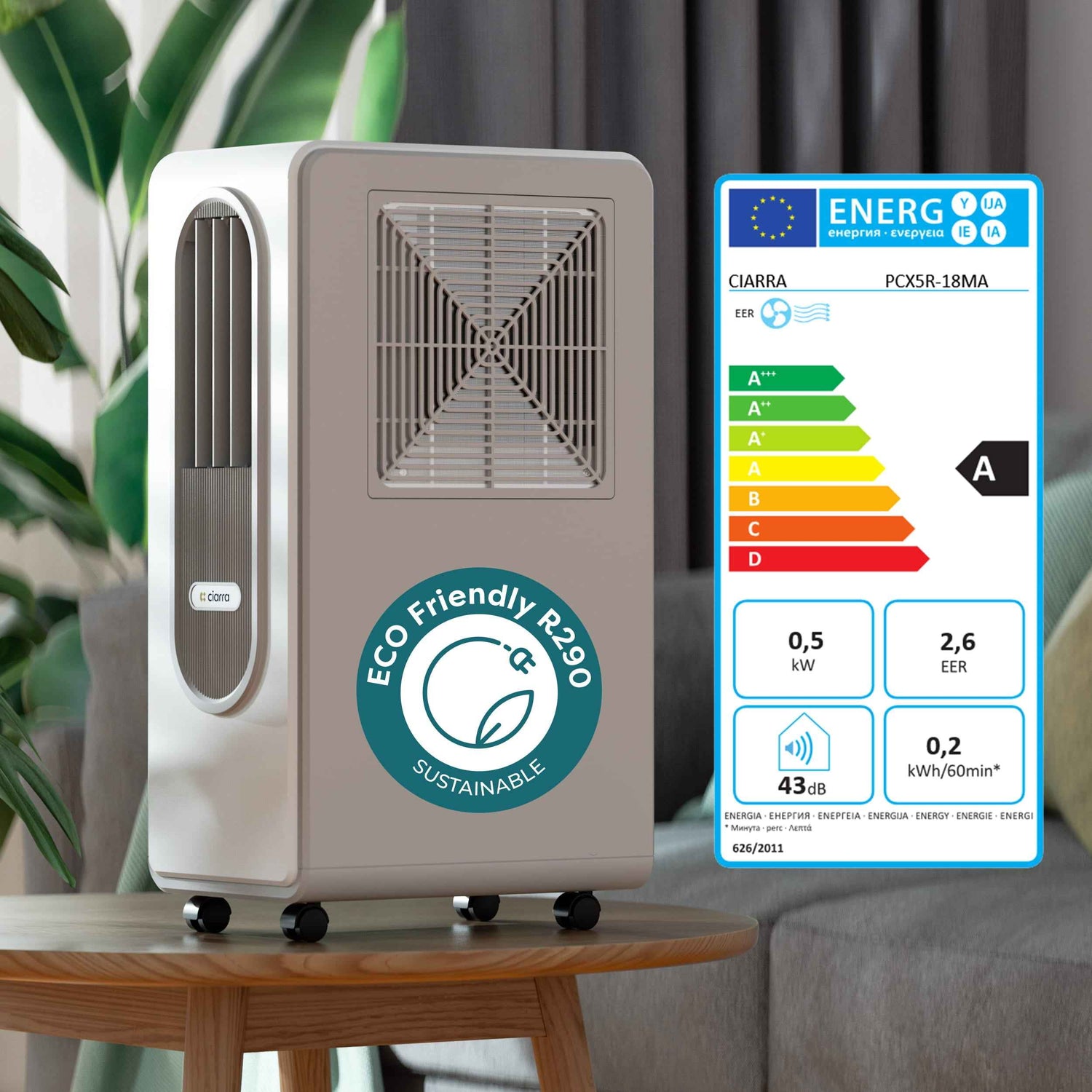 Ciarra Aire Acondicionado Portátil 3 en 1 Bajo Consumo A – Sin tubo, Refrigeración, Deshumidificación, Ventilación, Eficiente Energéticamente
