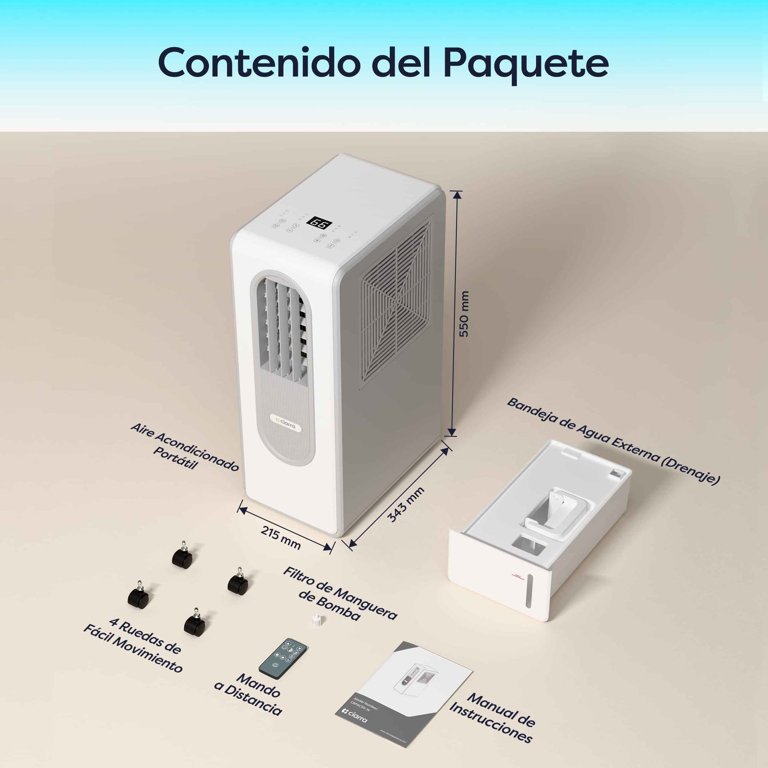 Ciarra Aire Acondicionado Portátil 3 en 1 Bajo Consumo A – Sin tubo, Refrigeración, Deshumidificación, Ventilación, Eficiente Energéticamente
